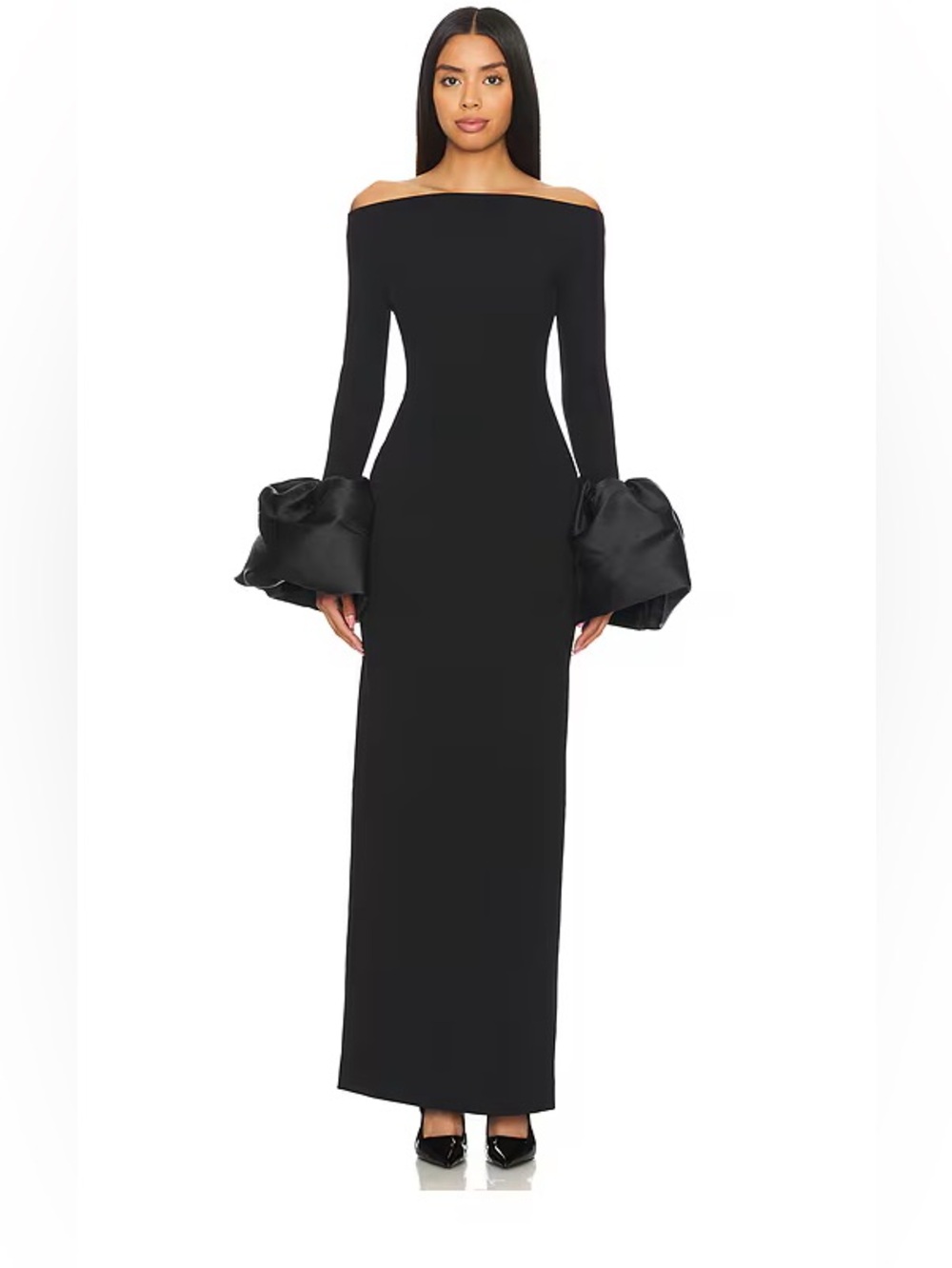 SOLACE LONDON Off-Shoulder Crêpe Gown in Black | Size: US 4
